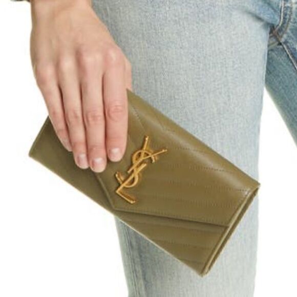 Saint Laurent Monogram Logo Leather Flap Wallet Vert Khaki - Picture 3 of 8